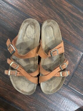 Birkenstock soft footed Tan Triple-Strap Suede Sandals